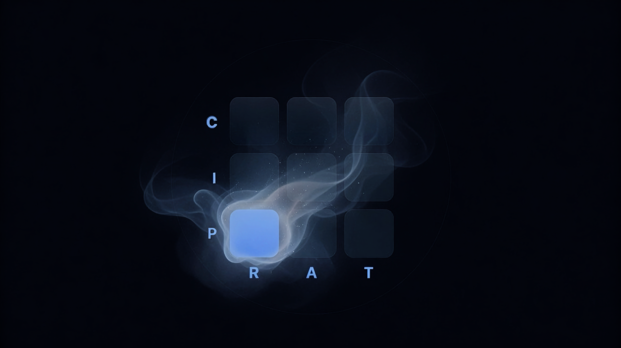 The PICRAT grid on a dark field with pale smoke drifting across it. The columns are labelled R, A and T along the bottom and the rows C, I and P down the left. The bottom-left cell, where the Passive row meets the Replace column, glows blue while the other eight sit faint and unlit.